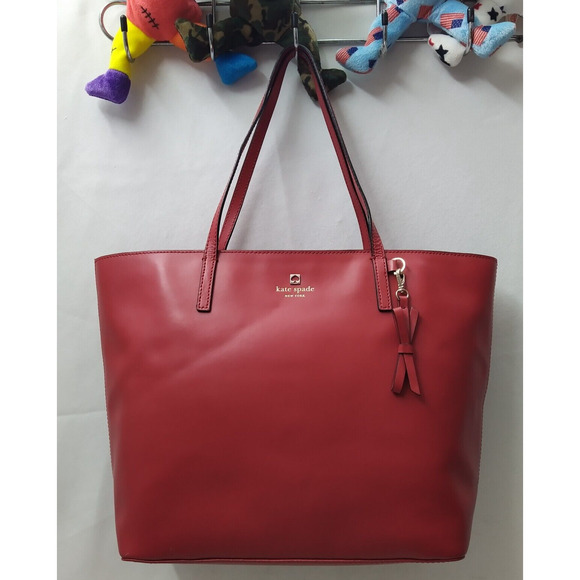 Kate Spade New York Red Leather Double Handles Zipper Closure Tote Shoulder Bag - Picture 1 of 12